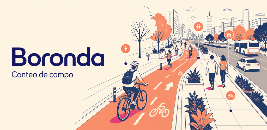 Boronda: una ciclovía urbana con ciclistas, peatones, vehículos y marcadores de conteo