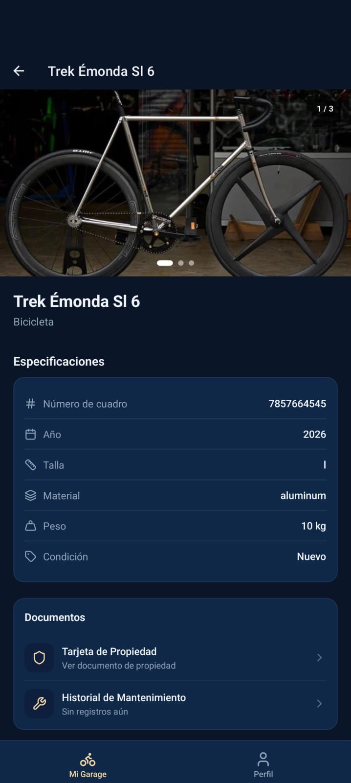 Detalle de bicicleta en la app móvil