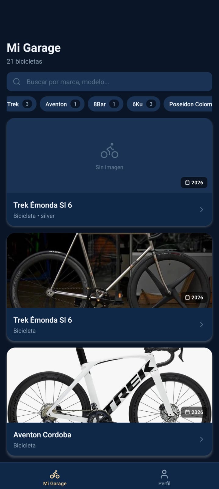 Pantalla de garaje en la app móvil