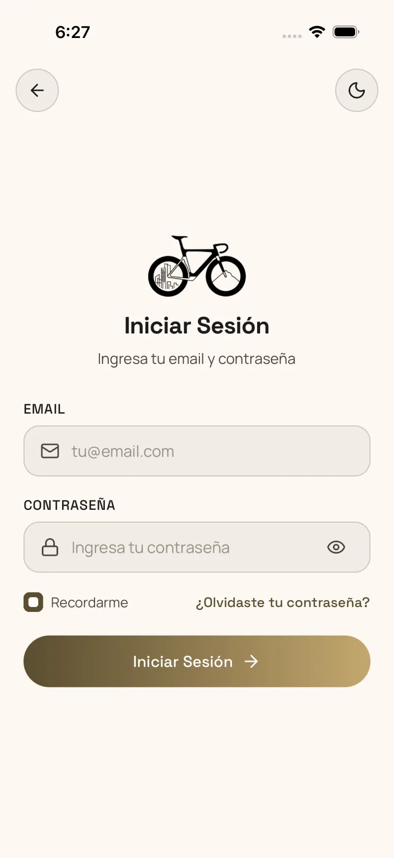 Login screen in the mobile app